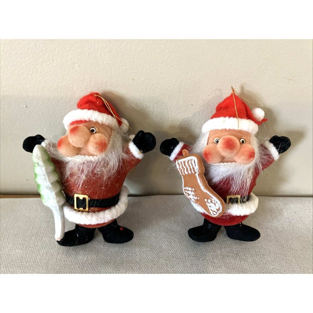 Vintage Flocked Santa Claus Christmas Ornaments w/Tree & Stocking